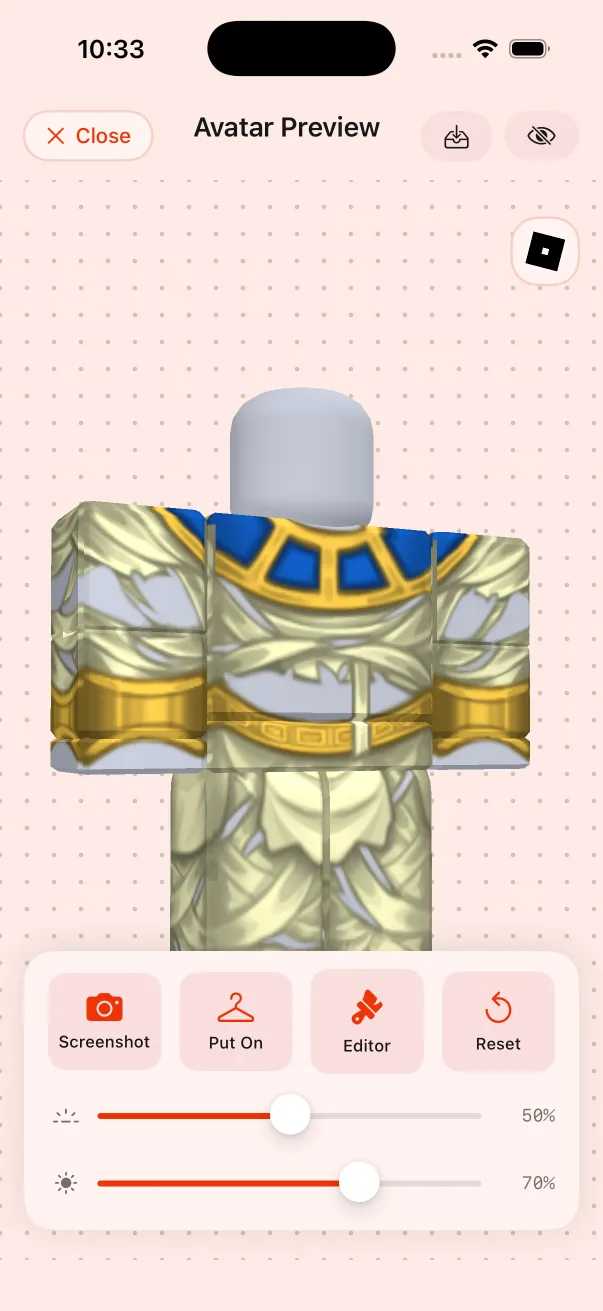 Skinomics 3D avatar preview of a generated Roblox outfit