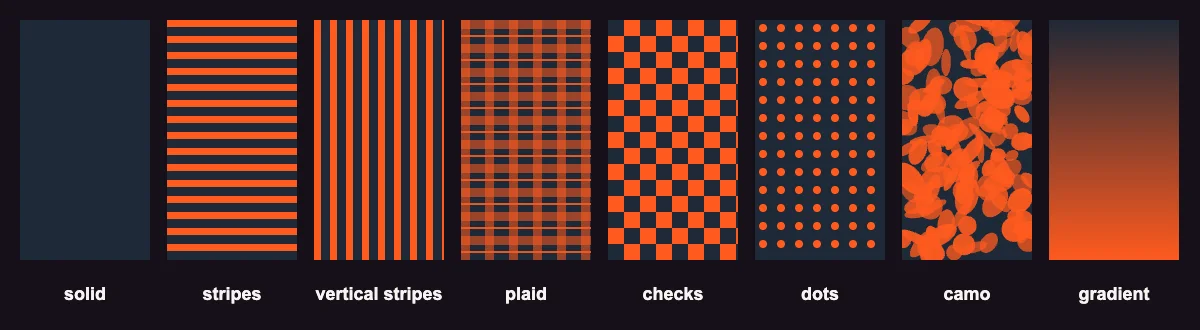 The eight patterns in the Roblox outfit maker: solid, stripes, vertical stripes, plaid, checks, dots, camo and gradient