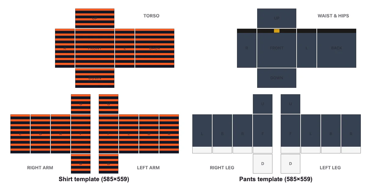 A matching Roblox shirt template and pants template generated by the outfit maker, with labeled panels